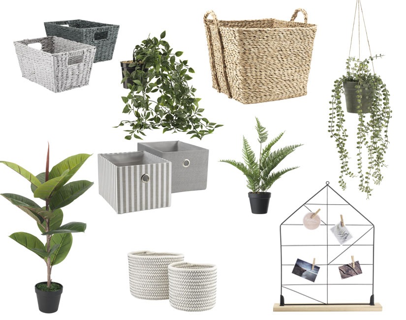 Assorted storage baskets and artificial plants