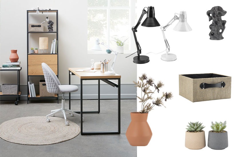 Home office decorative and essential items including desk lamps, vases and artificial plants