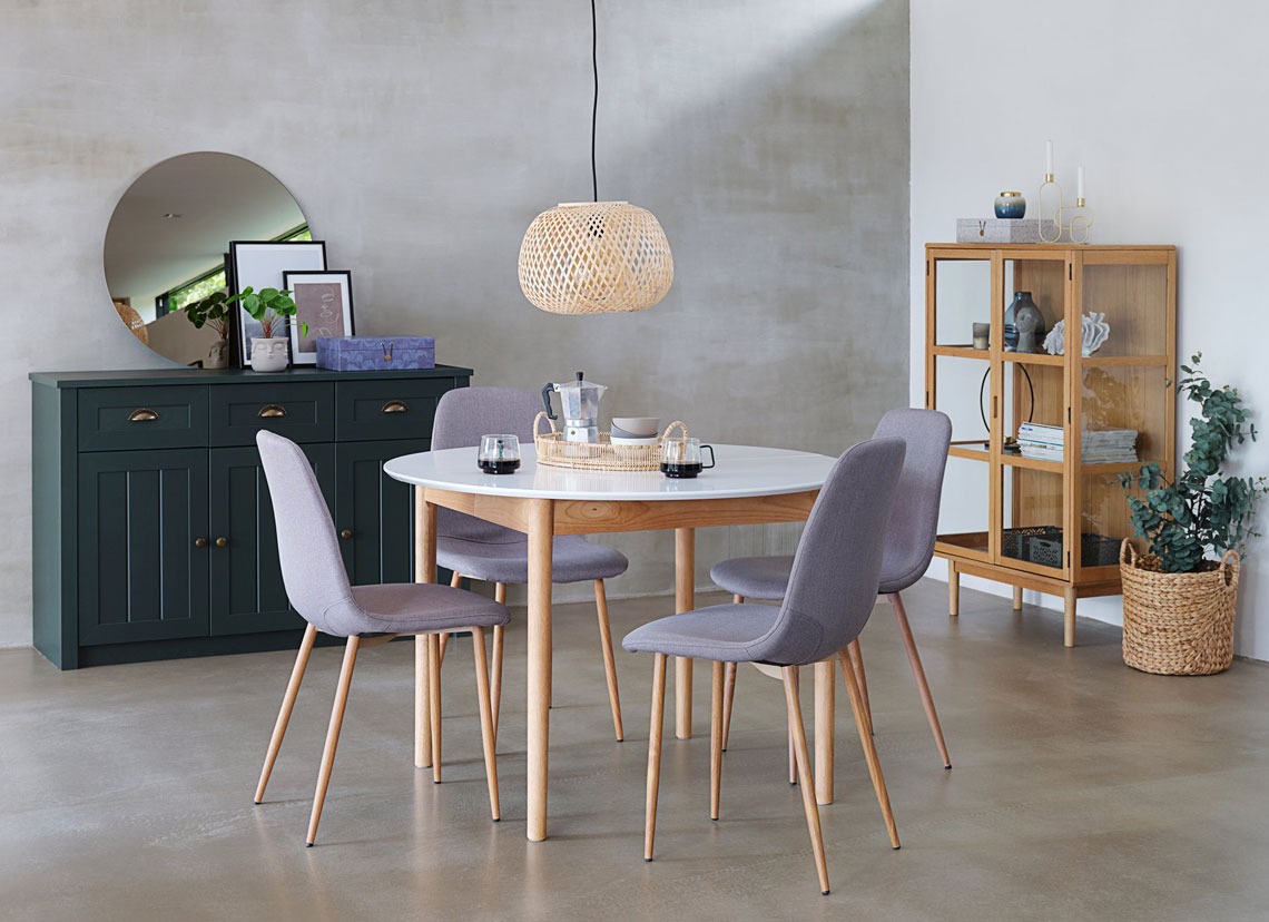 grey dining chair with wooden oak legs 