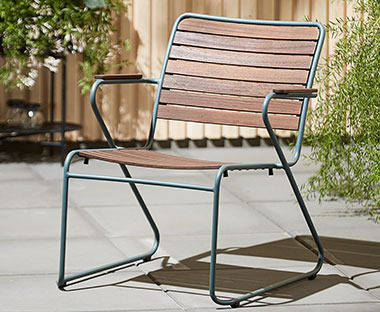 Wooden seat and back garden chair with metal frame