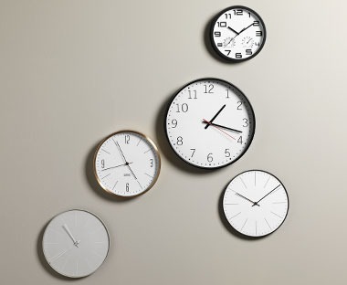 Wall clocks in various colours
