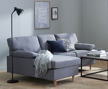 chaise longue sofa in grey and light wooden feet