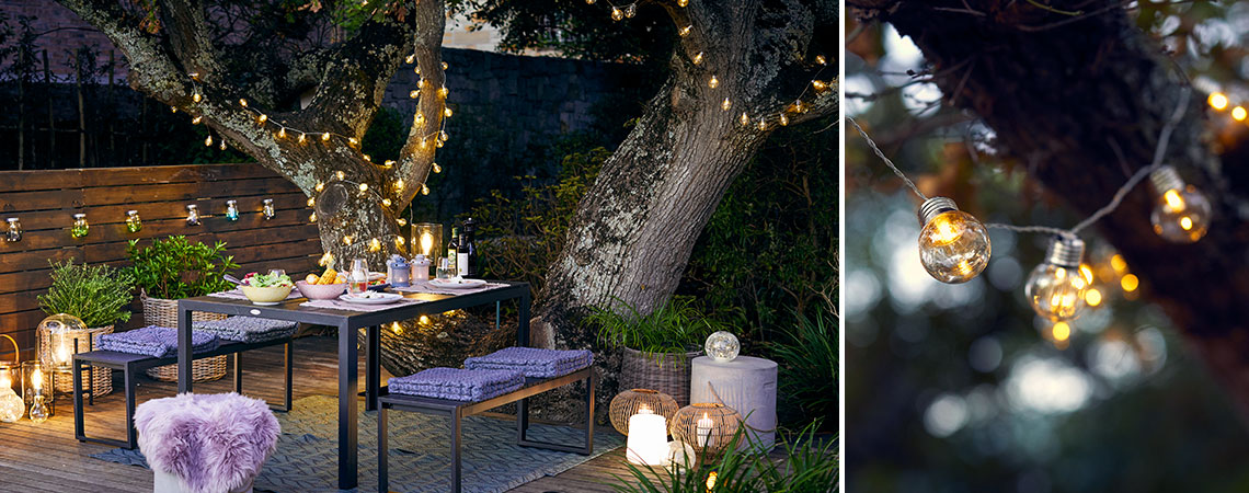 Cosy garden setting with decorative lighting