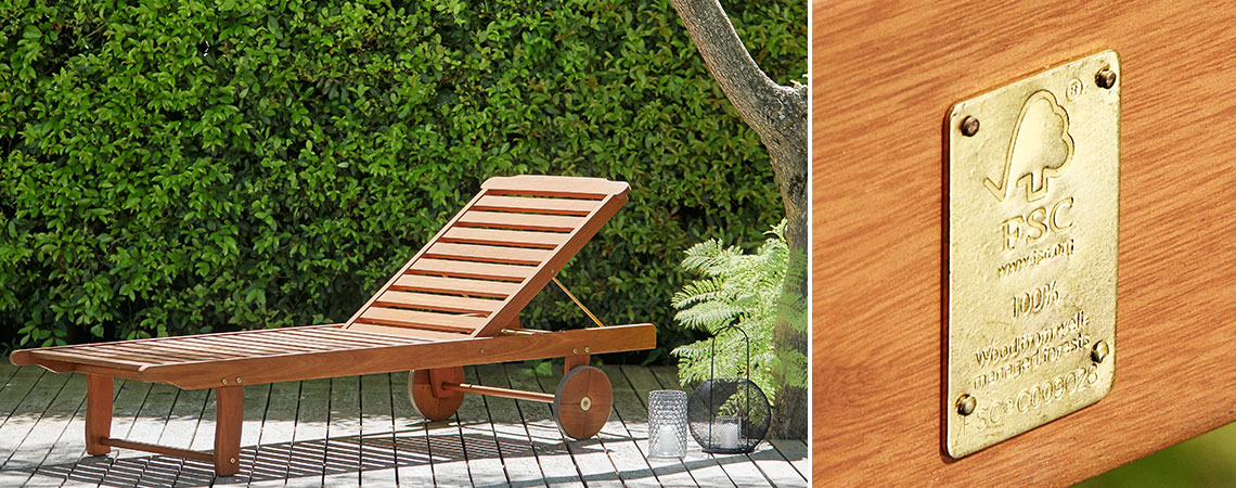 Wooden sun lounger on a sunny patio and the FSC® metal label 