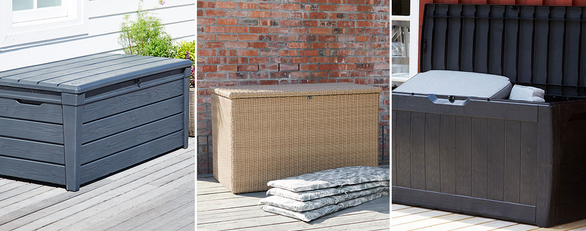 Three different types of garden cushion storage boxes