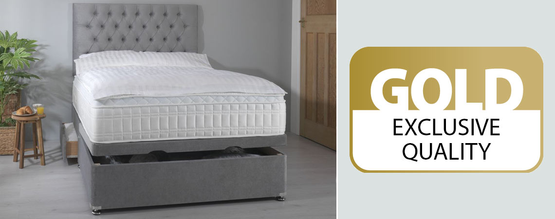 Luxury spring mattress on a grey divan base with gold quality rating