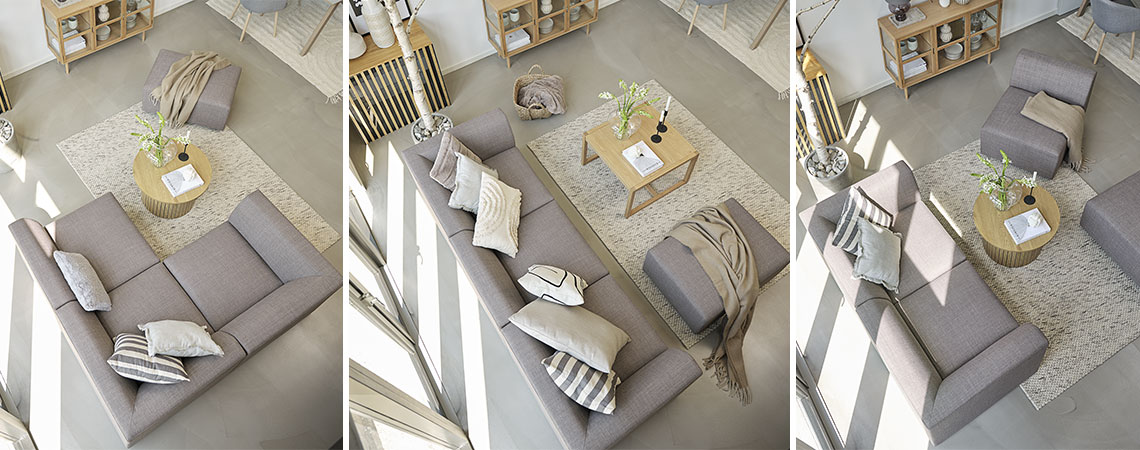 Grey modular sofa displayed in three different combinations in Scandinavian living room 