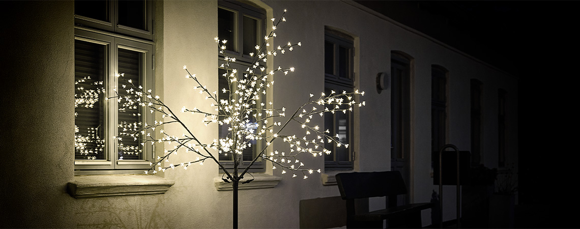 LED light tree outside home in winter 
