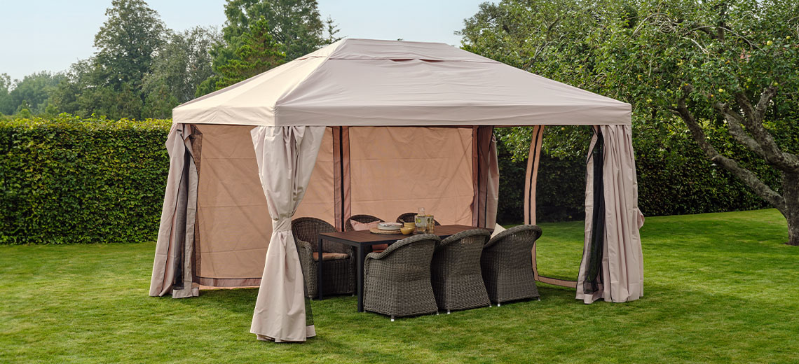 Large water-resistant gazebo in beige with adjustable sides and insect screen sides 