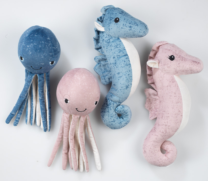 Children's octopus and seahorse soft toys in pink and blue 