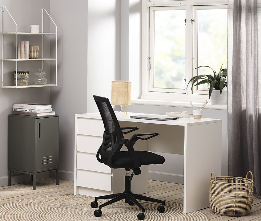 LIMFJORDEN desk, ASPERUP office chair and GIVE cabinet White desk with table lamp, office chair and wastepaper bin in office