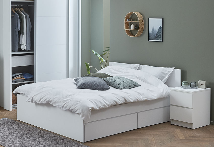 LIMFJORDEN bed frame and bedside table with two drawers White bed with drawers and white bedside table with drawers