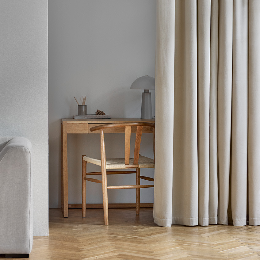 AUSTRA thick curtain in beige velvet AUSTRA velvet beige thick curtain used as room divider