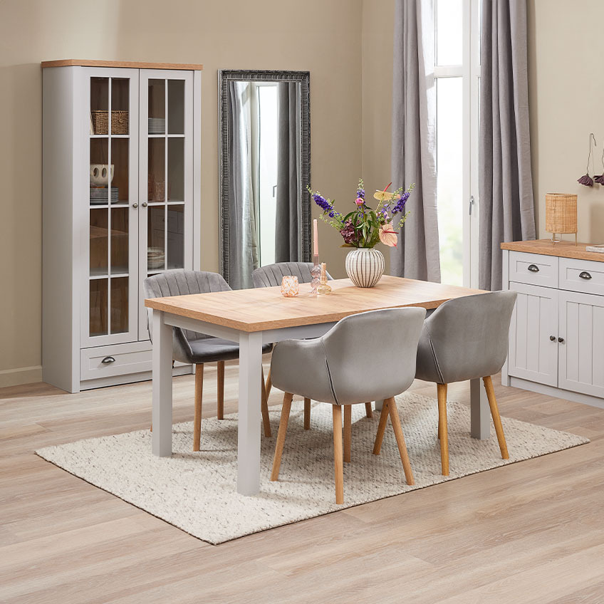 Living room storage furniture with display cabinet, dining table, and sideboard