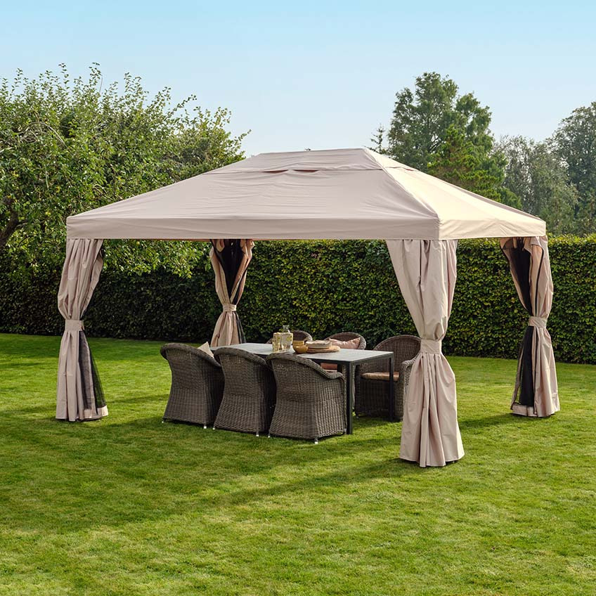 Large beige gazebo with removable sides and insect screens