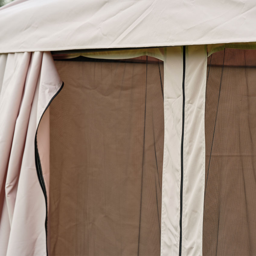 Beige gazebo with insect screen side panels 