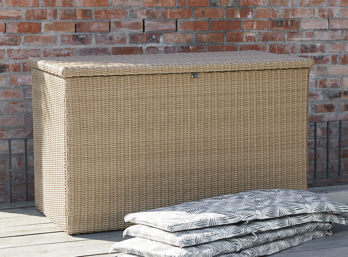 Large garden storage box on a wooden patio 