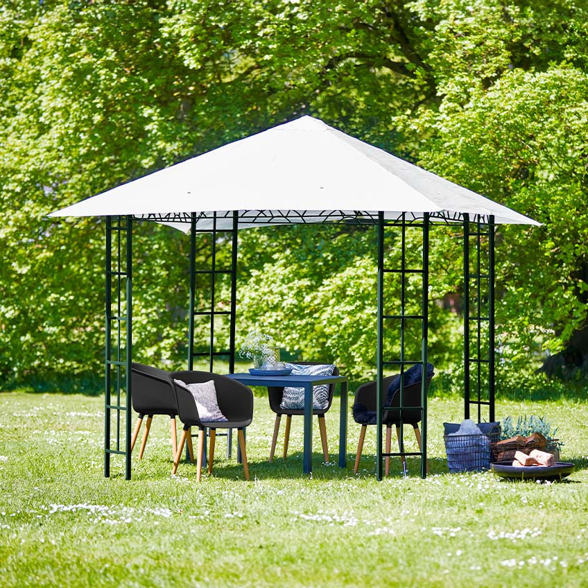 Water-resistant gazebo without side panels on garden lawn