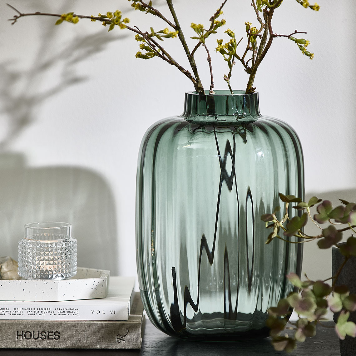 Ribbed glass vase and tealight holder 
