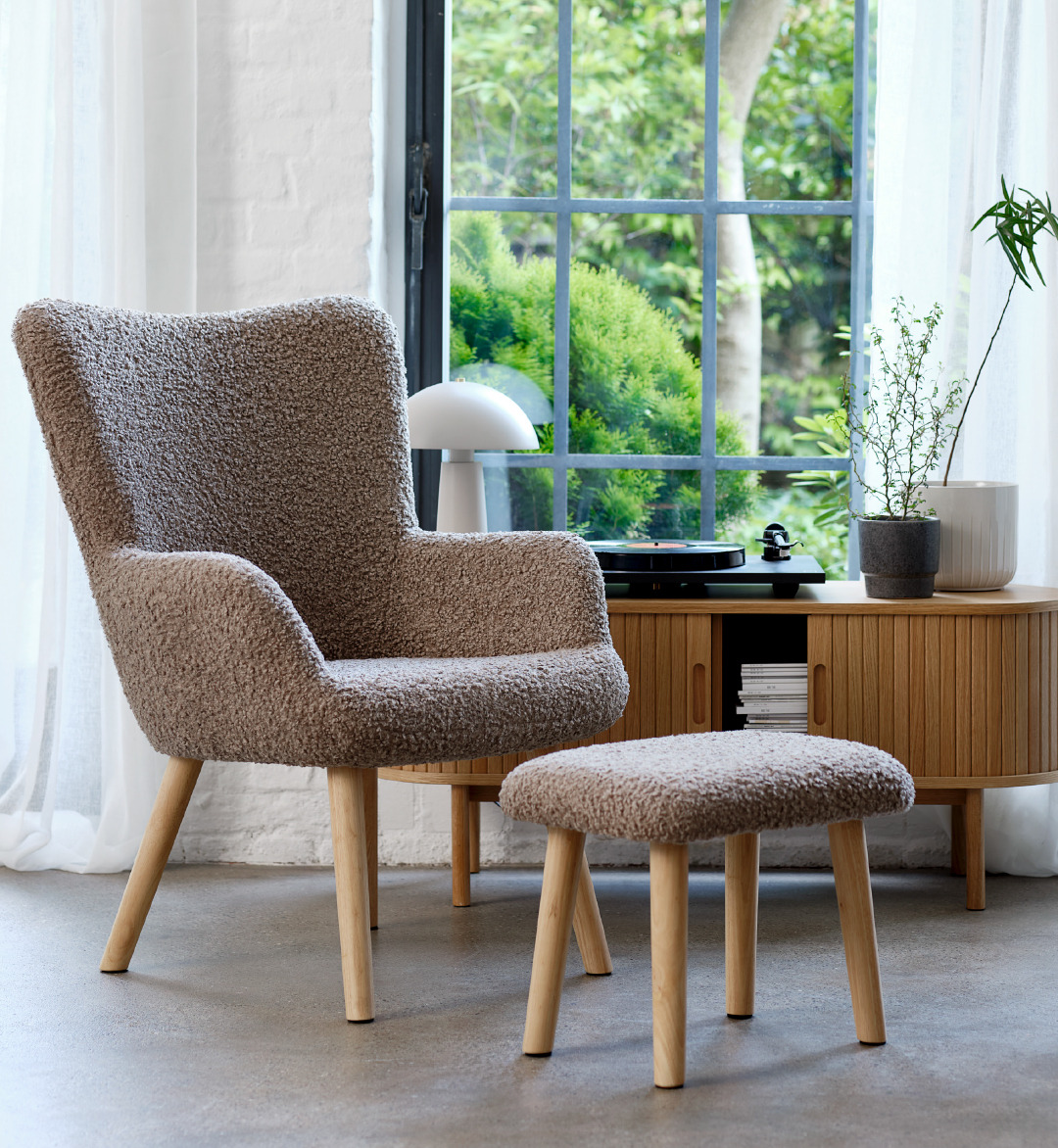 Brown teddy armchair and pouffe