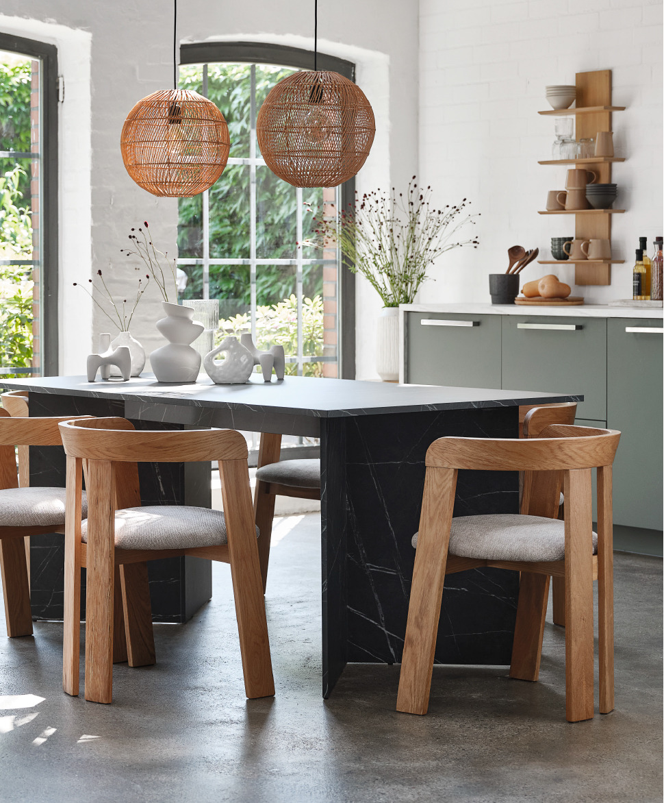 wicker light, marble table and dining chairs