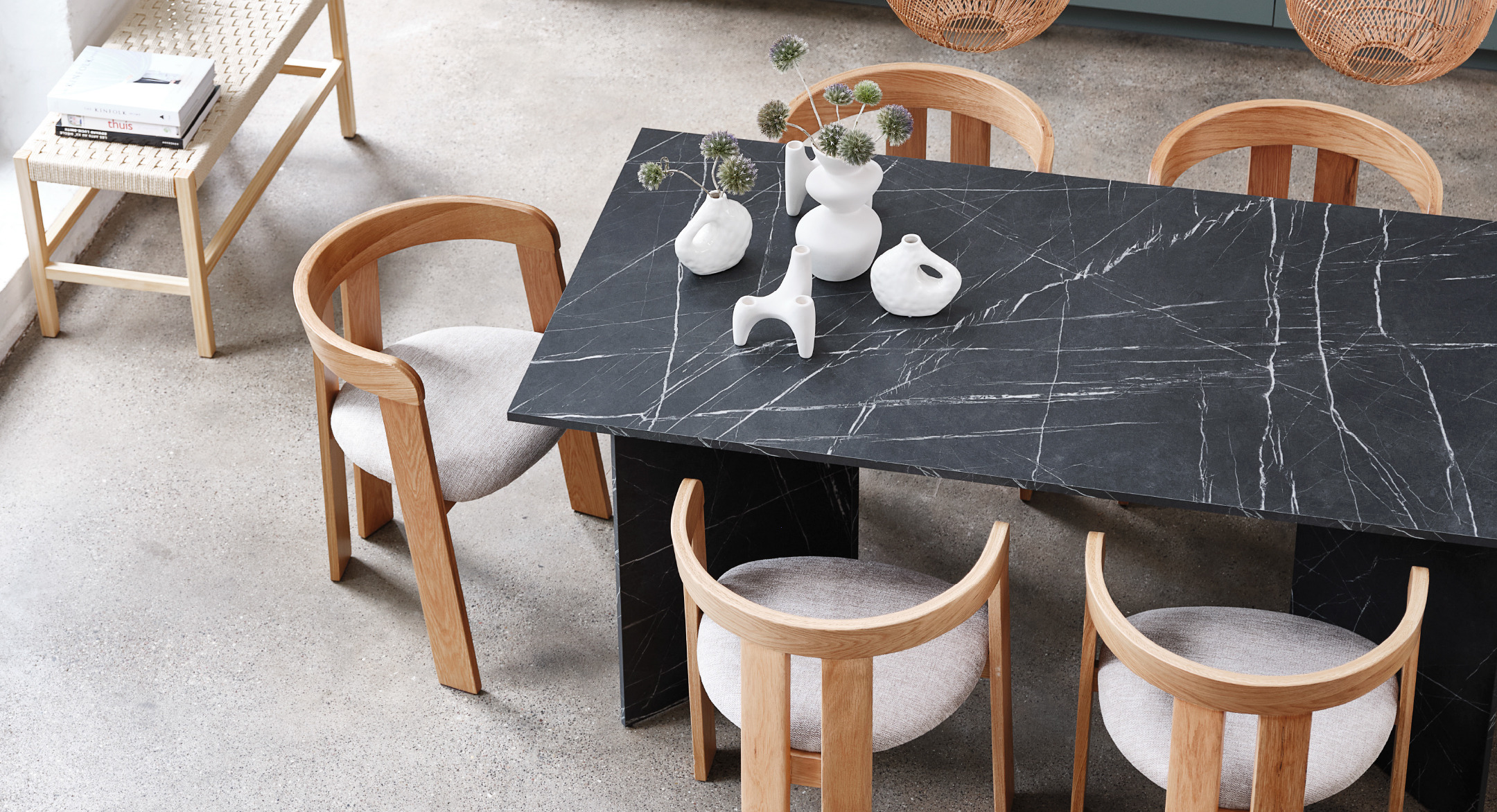 marble dining table, wooden dining chairs and bench