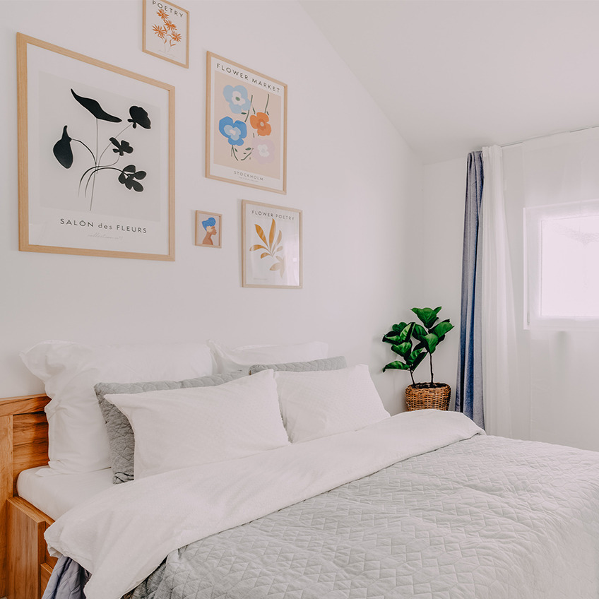 Furnished bedroom with light colors