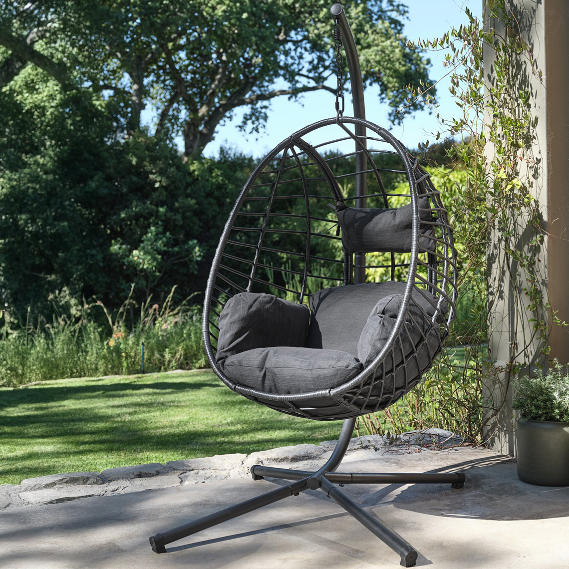 Outdoor hanging chair on patio