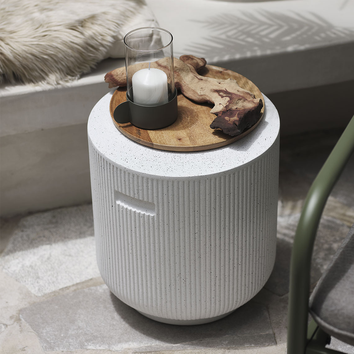 DVERGFALK stool White stool on a patio with a lantern