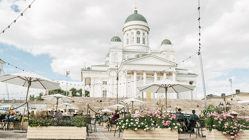 A public square in Helsinki, with cafe tables and chairs from JYSK
