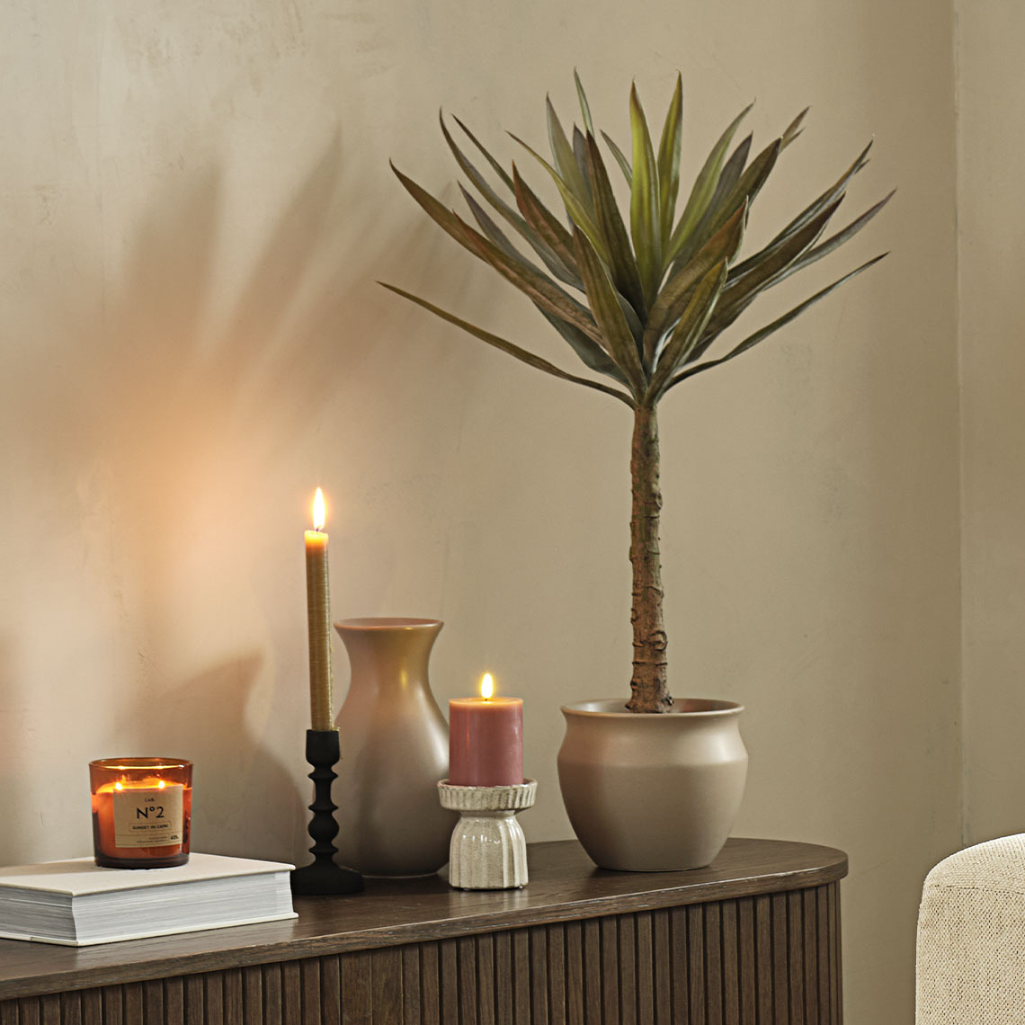 HARALDUR plant pot and ALAN artificial plant Artificial plant, plant pot, and tall vase on sideboard