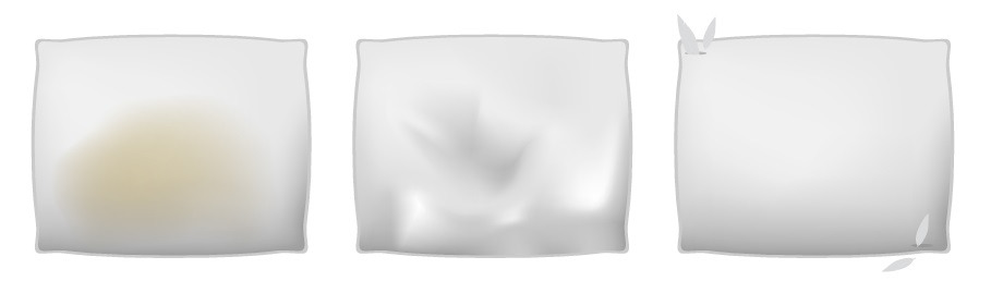 A stained and discoloured pillow, a pillow with clumped filling, and a pillow with holes in its fabric cover