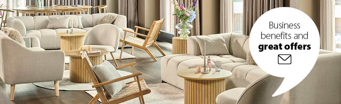 Lobby/lounge area with ALLESE couch, THORUP armchair, and VADEHAVET armchair