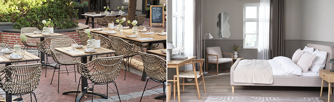 An outdoor eating area at a restaurant and a bedroom filled with JYSK furniture side by side