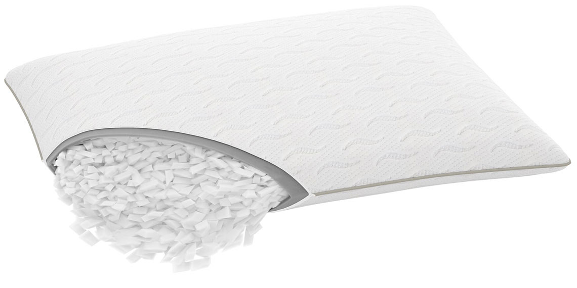 Open STROKKEN to adjust the amount of filling   Pillow with a zipper that has been opened so the filling is coming out