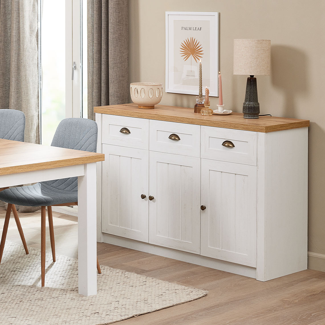 White and natural-colour oak sideboard as living room storage