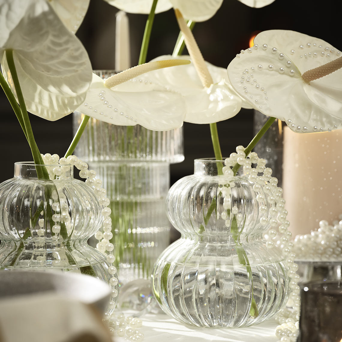 Different vases on a dinner table, filled with white anthurium flowers