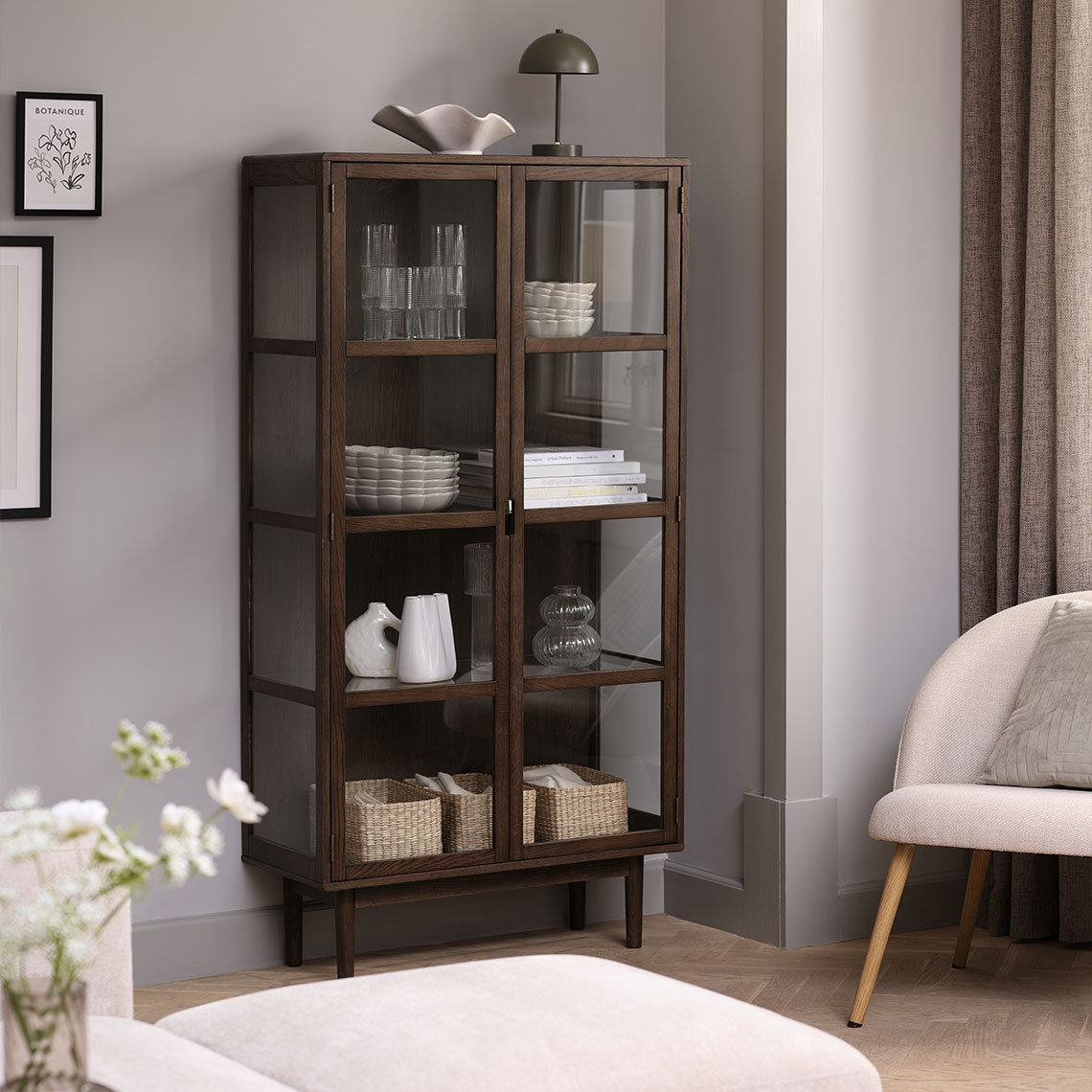 Tall display cabinet made with FSC solid oak and oak veneer in dark colour