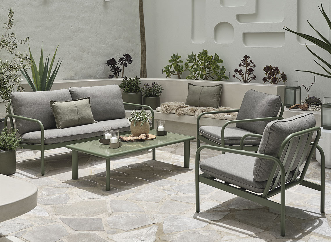 TEGLUM garden lounge set Olive green garden lounge set on a patio with cushions