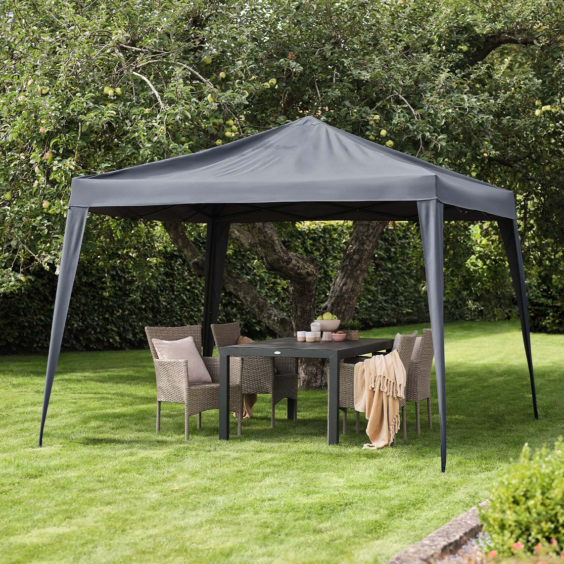 Grey gazebo in a garden