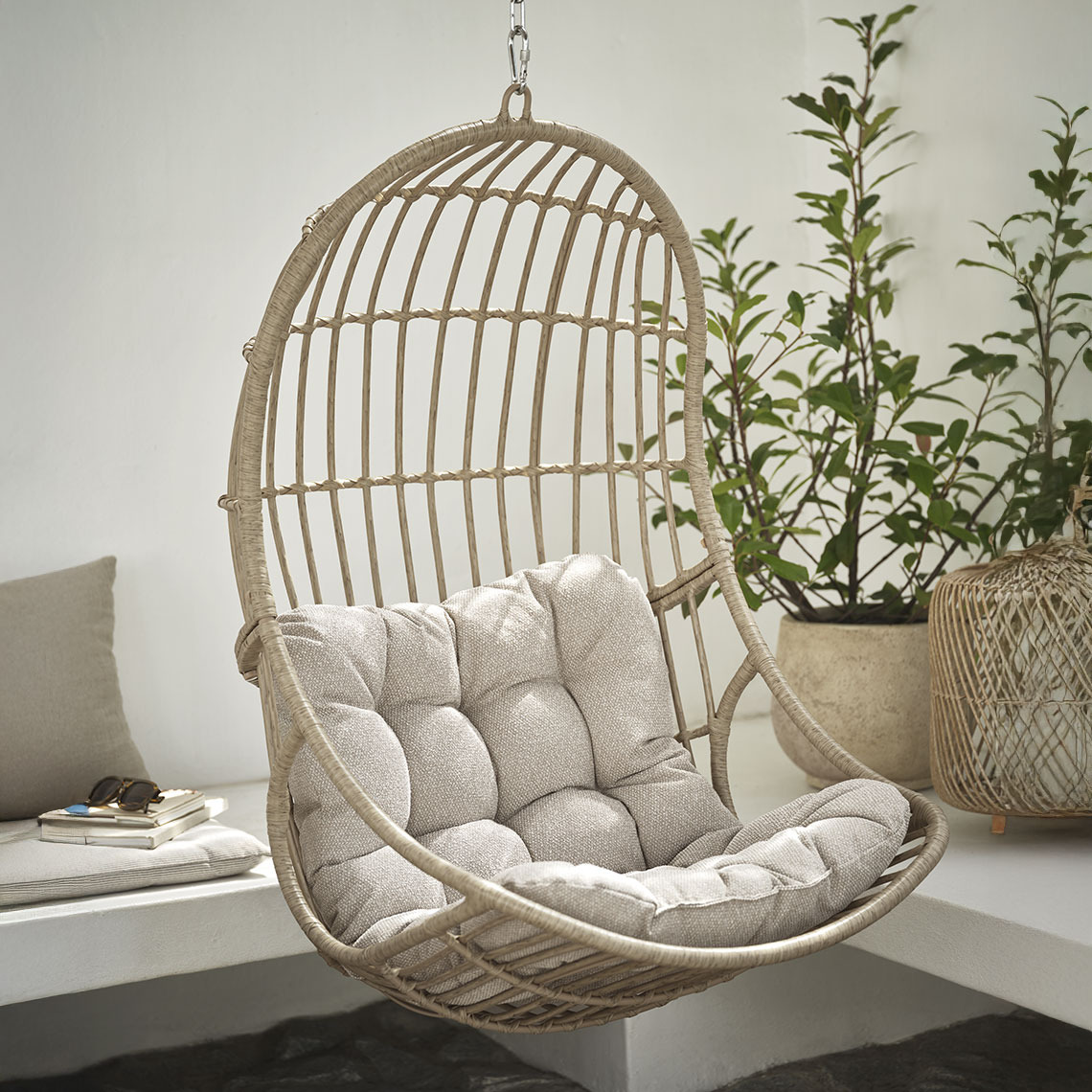 Outdoor hanging chair on a patio 