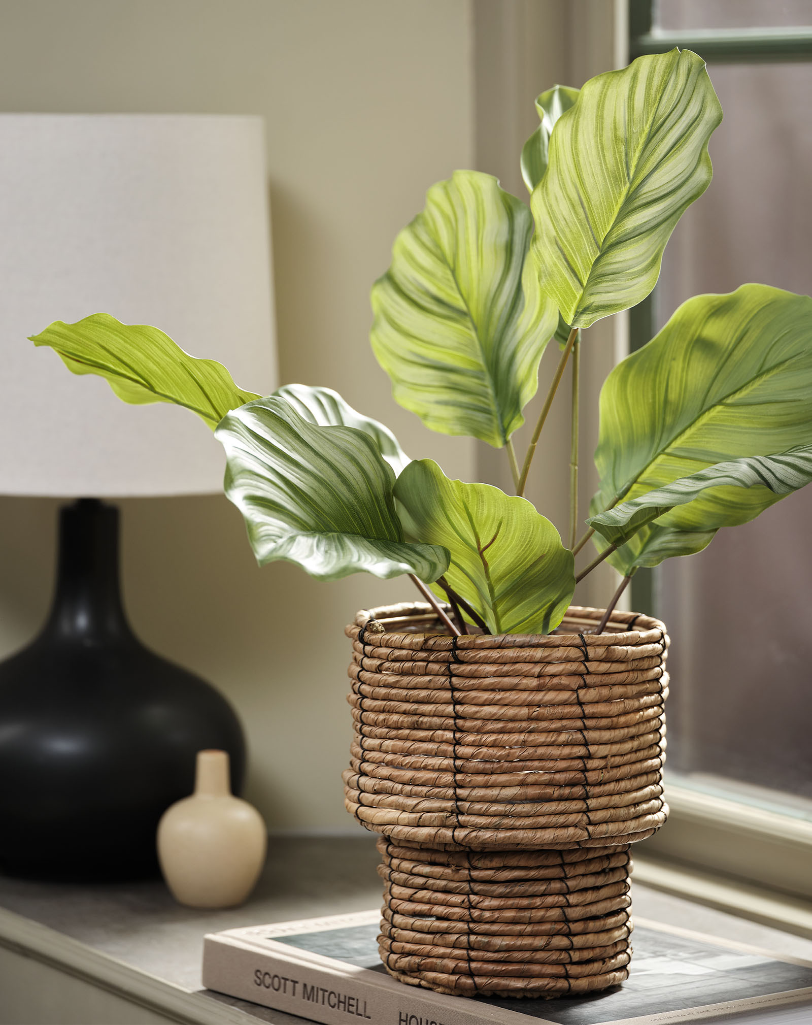 ROLF artificial calathea-like plant Artificial plant imitation of a calathea plant in a woven plant pot