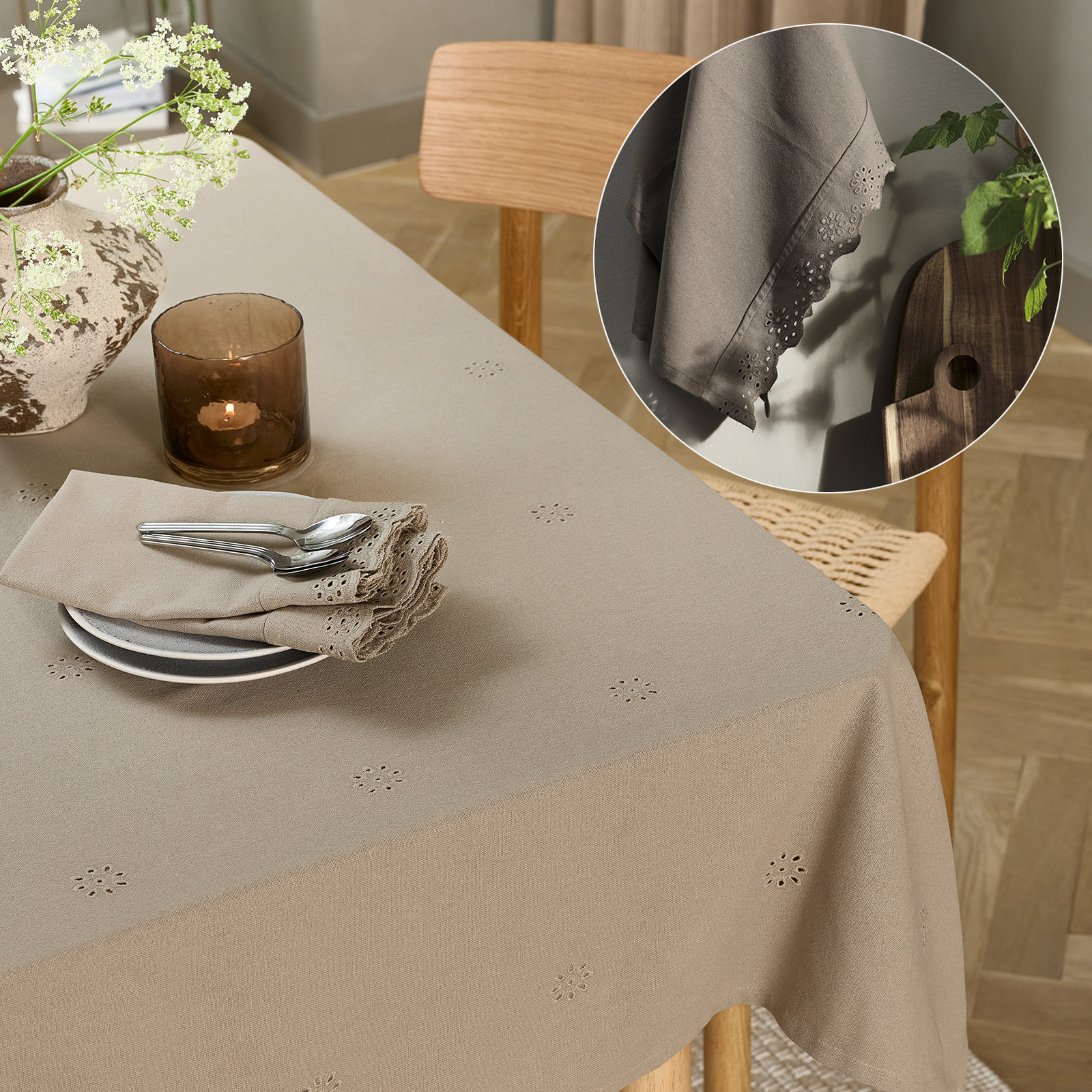 STRANDTORN tablecloth and cloth napkins and SOLDUG tea towels Table set with a tablecloth, plates and cloth napkins