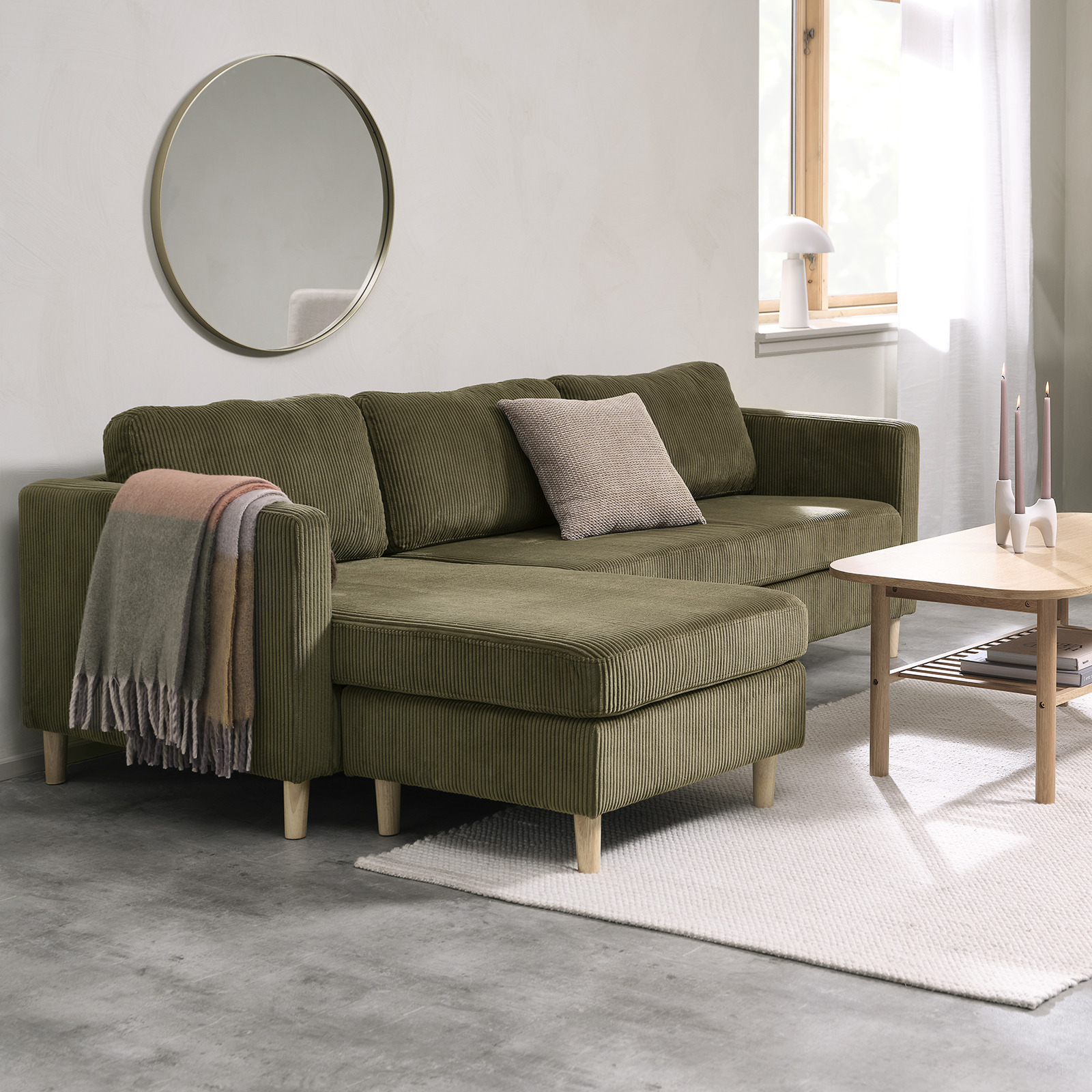 FALSLEV sofa with chaise longue in olive green Olive green sofa with chaise longue