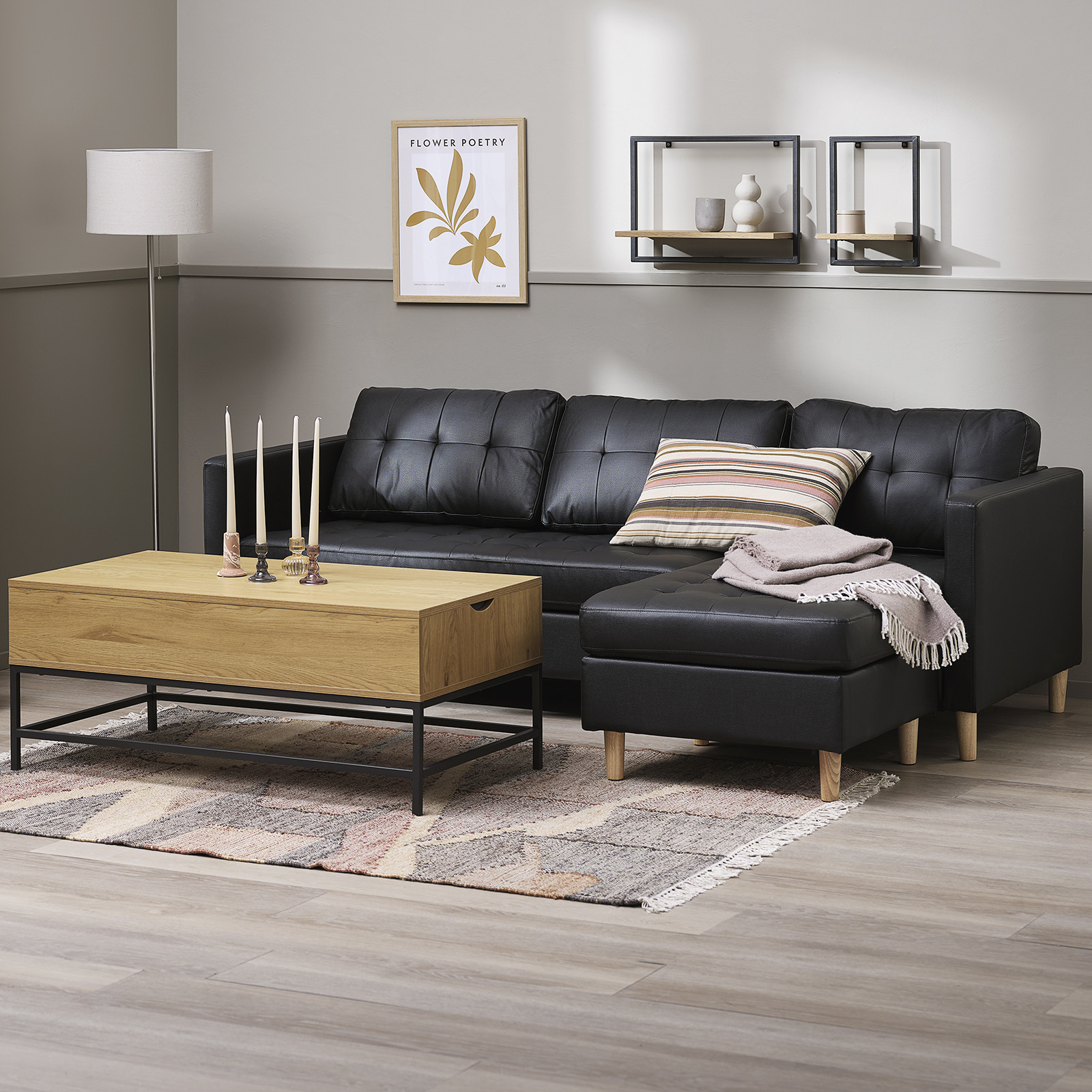 FALSLEV sofa with chaise longue in faux leather Black sofa with chaise longue