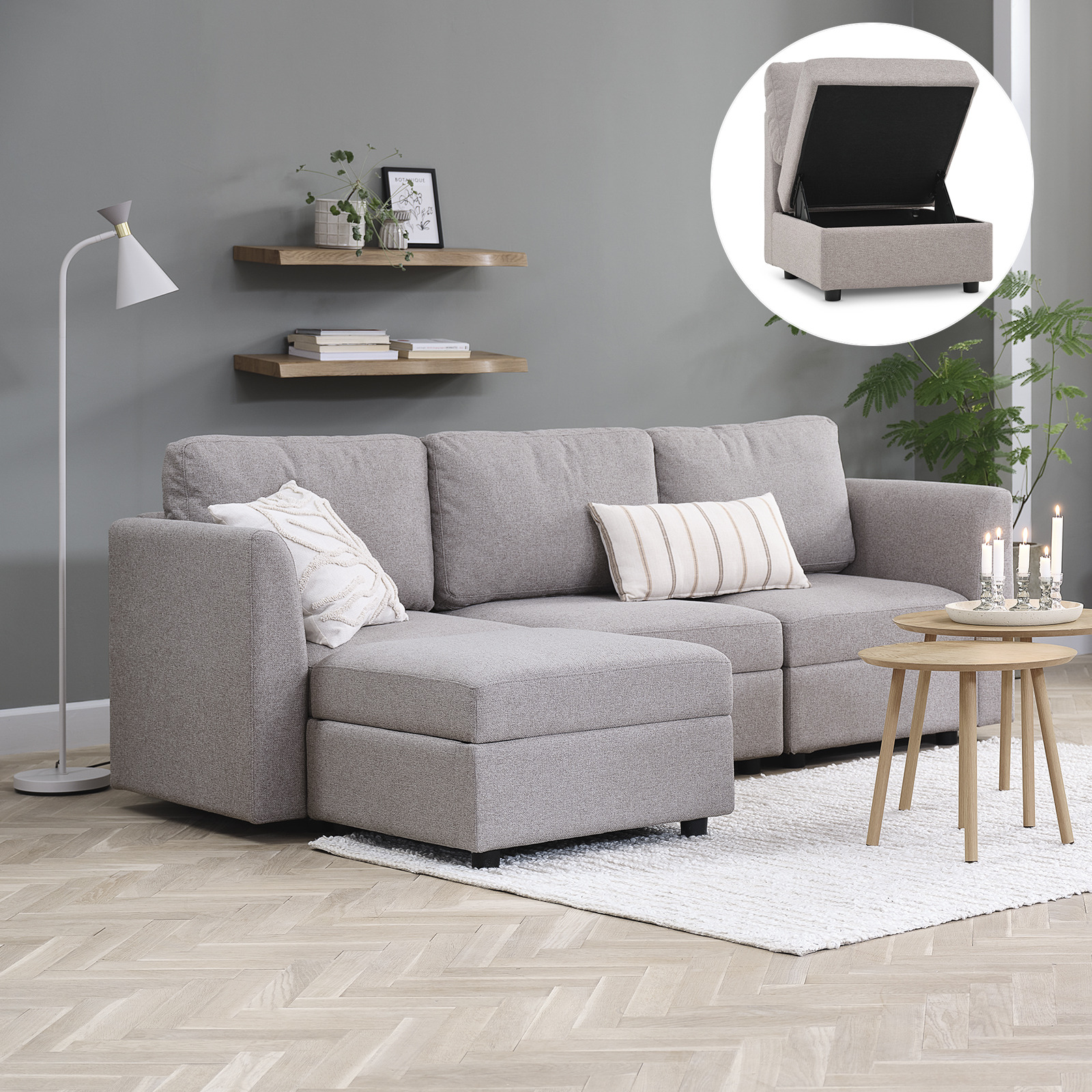 This OKSBY model has a storage compartment Sofa with storage space in a living room