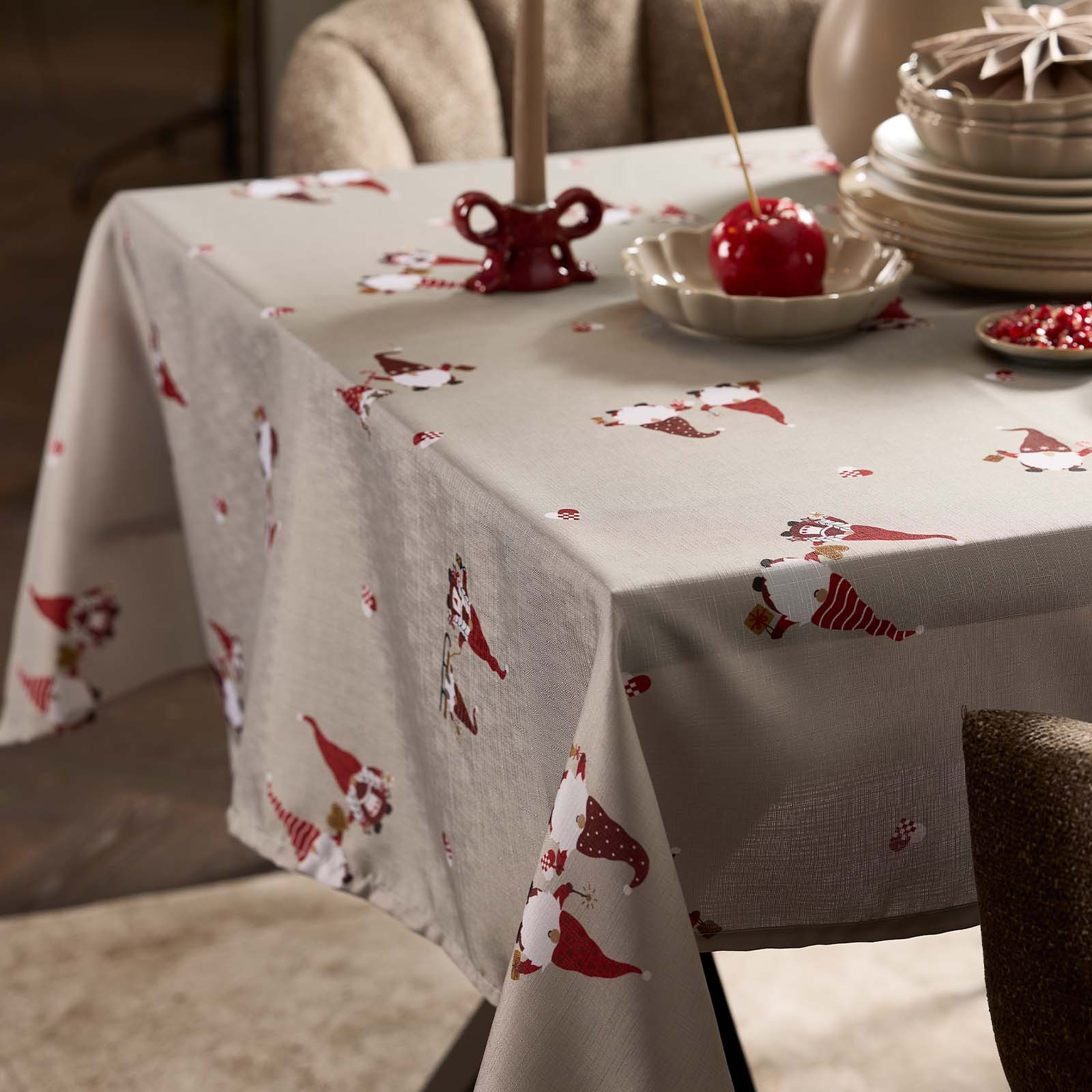 TRILOBIT tablecloth with Christmas elves Christmas tablecloth in sand colour with Christmas elves and braided Christmas hearts motifs