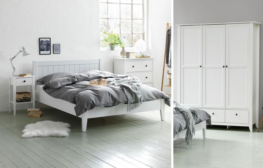 NORDBY bedroom furniture White bedroom furniture three door wardrobe, white double bed frame and white bedside table with a drawer