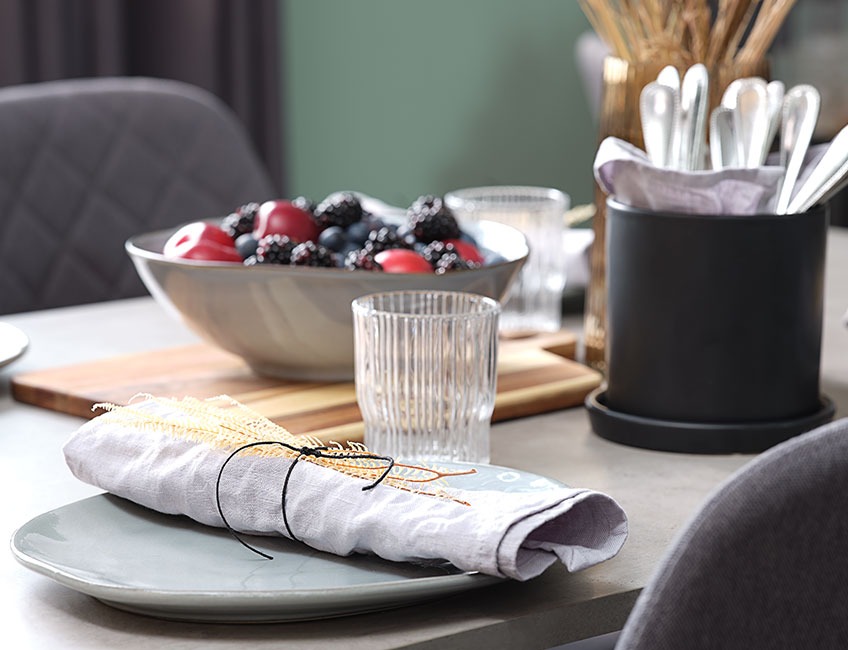 CLAES glasses, TONE plates and HARSYRA cloth napkins Table set with bowls, glasses and plates with cloth napkins