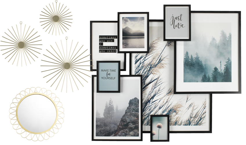 Wall decoration inspiration. Black picture frames in various sizes paired with gold wall art and decorative mirror